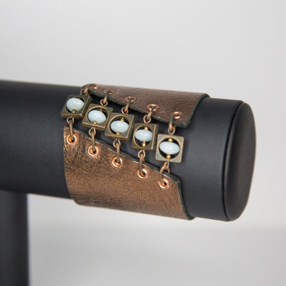 SOLD Bronze Leather Punk Wasteland Steampunk Style Cuff Bracelet Blue Stones - Picture 4 of 10
